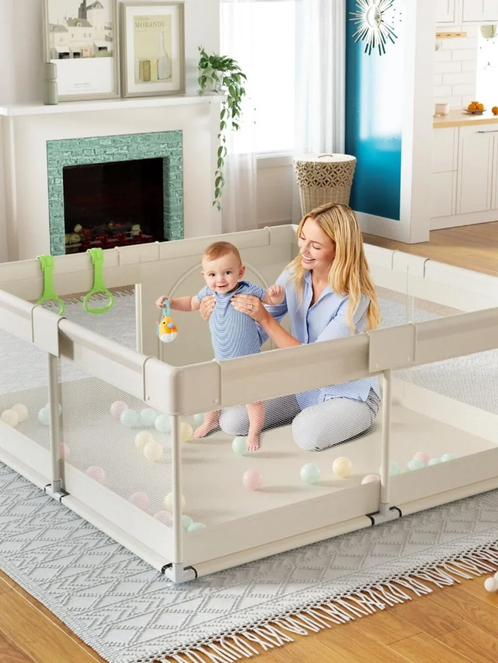 Beige Baby Playpen 47in x 47in x 26in Soft Mesh Safety Fence